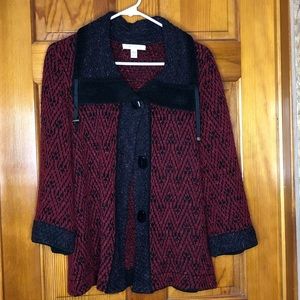 Shacket sweater cardigan button up 3/4 sleeves red/black/blue wool blend SMALL